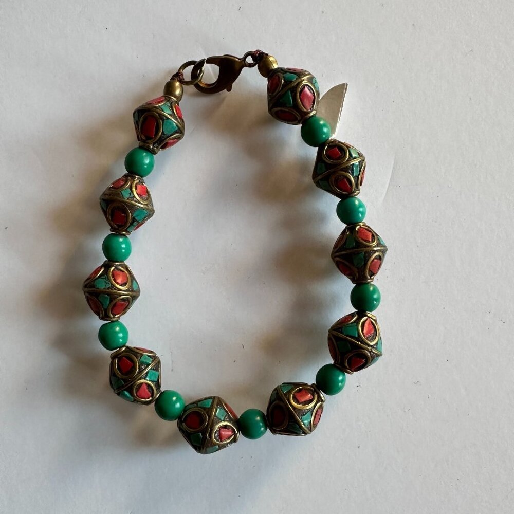 Handcrafted Vintage Brass Bead & Turquoise Color Bracelet – Ethnic Boho Style